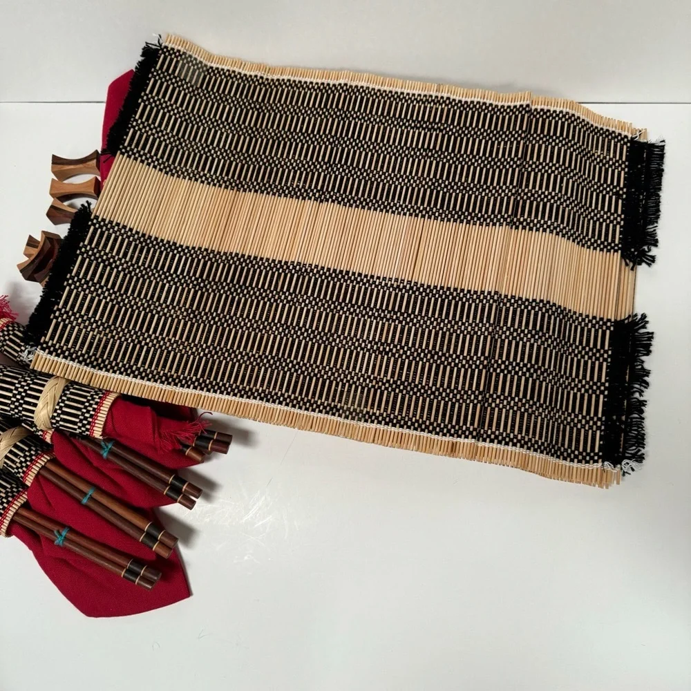 NWOT Japanese play settings bamboo mat chopsticks wood holder red napkins